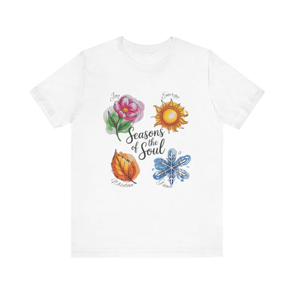 Seasons of the Soul: Joy, Energy, Wisdom & Peace T-Shirt, unisex jersey with spiritual design, perfect for yoga and meditation, crafted by FireBrook Essentials for comfort and positivity.