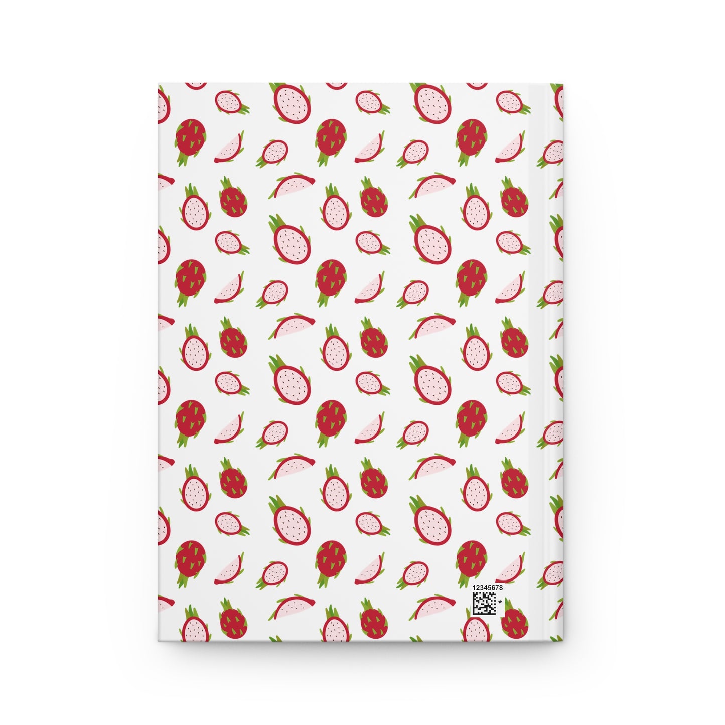 HARDCOVER JOURNAL, MATTE, RULED, 5X7, SEWN BIND, CLEAN-TEAR PAGES – DRAGONFRUIT features a vibrant dragon fruit pattern on a durable matte cover with a small QR code on the front.