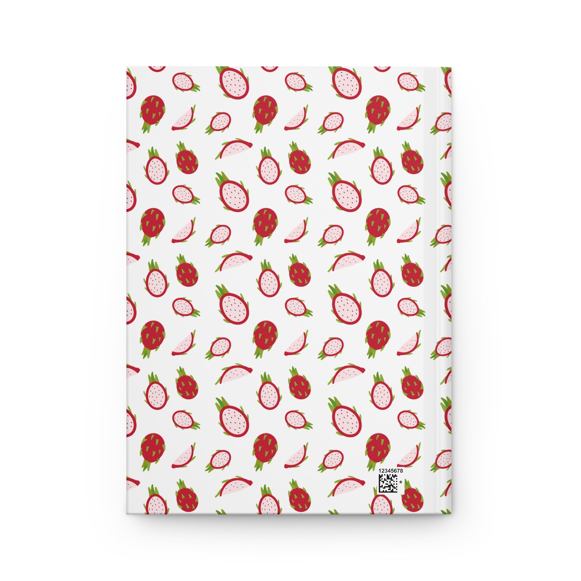 HARDCOVER JOURNAL, MATTE, RULED, 5X7, SEWN BIND, CLEAN-TEAR PAGES – DRAGONFRUIT features a vibrant dragon fruit pattern on a durable matte cover with a small QR code on the front.