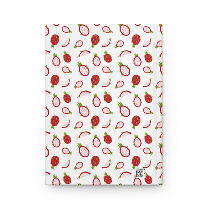 HARDCOVER JOURNAL, MATTE, RULED, 5X7, SEWN BIND, CLEAN-TEAR PAGES – DRAGONFRUIT features a vibrant dragon fruit pattern on a durable matte cover with a small QR code on the front.