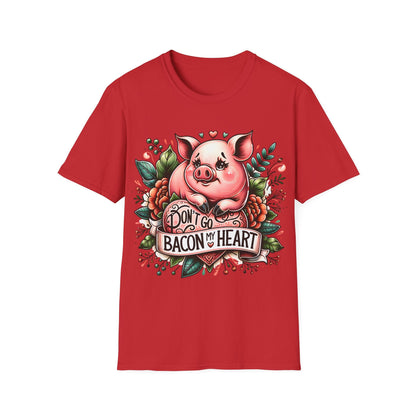 Dont Go Bacon My Heart Cute Pig T-Shirt featuring a playful pig graphic with a humorous pun, ideal for casual wear and perfect for bacon lovers and quirky style enthusiasts.
