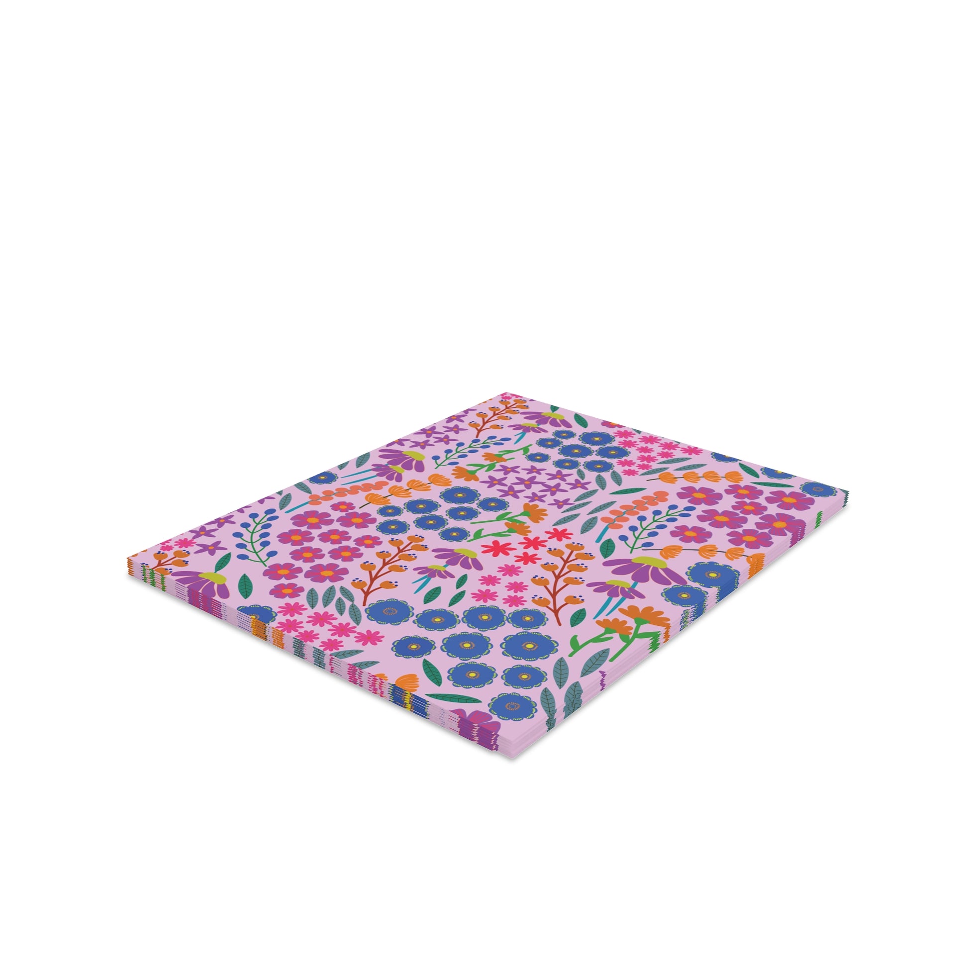 Floral Greeting Cards — Pack of 8/16/24 featuring vibrant, stylized flowers on a lavender-pink background, each card folded with a matte finish and includes a matching white envelope.