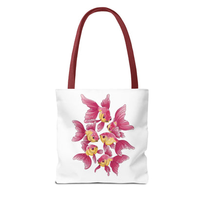 Fish Tote Bag - School of Fish Design: A durable polyester tote bag adorned with a tranquil fish pattern, ideal for ocean lovers. Perfect for carrying essentials, emphasizing strength and style.