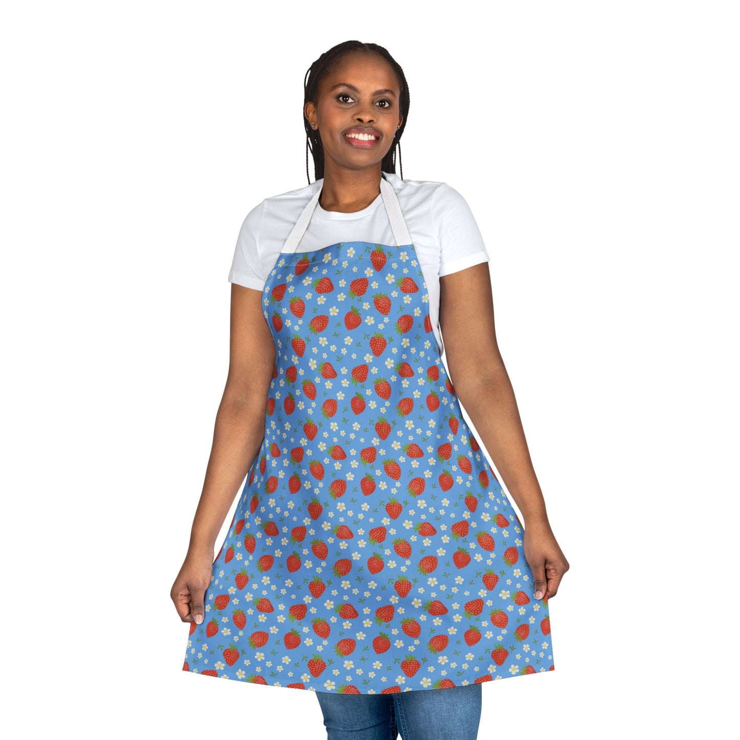 The Apron, Strawberry 5-Color Straps showcases a vibrant strawberry design, worn by a smiling woman in a blue apron, embodying FireBrook Designs' blend of style, comfort, and joy.