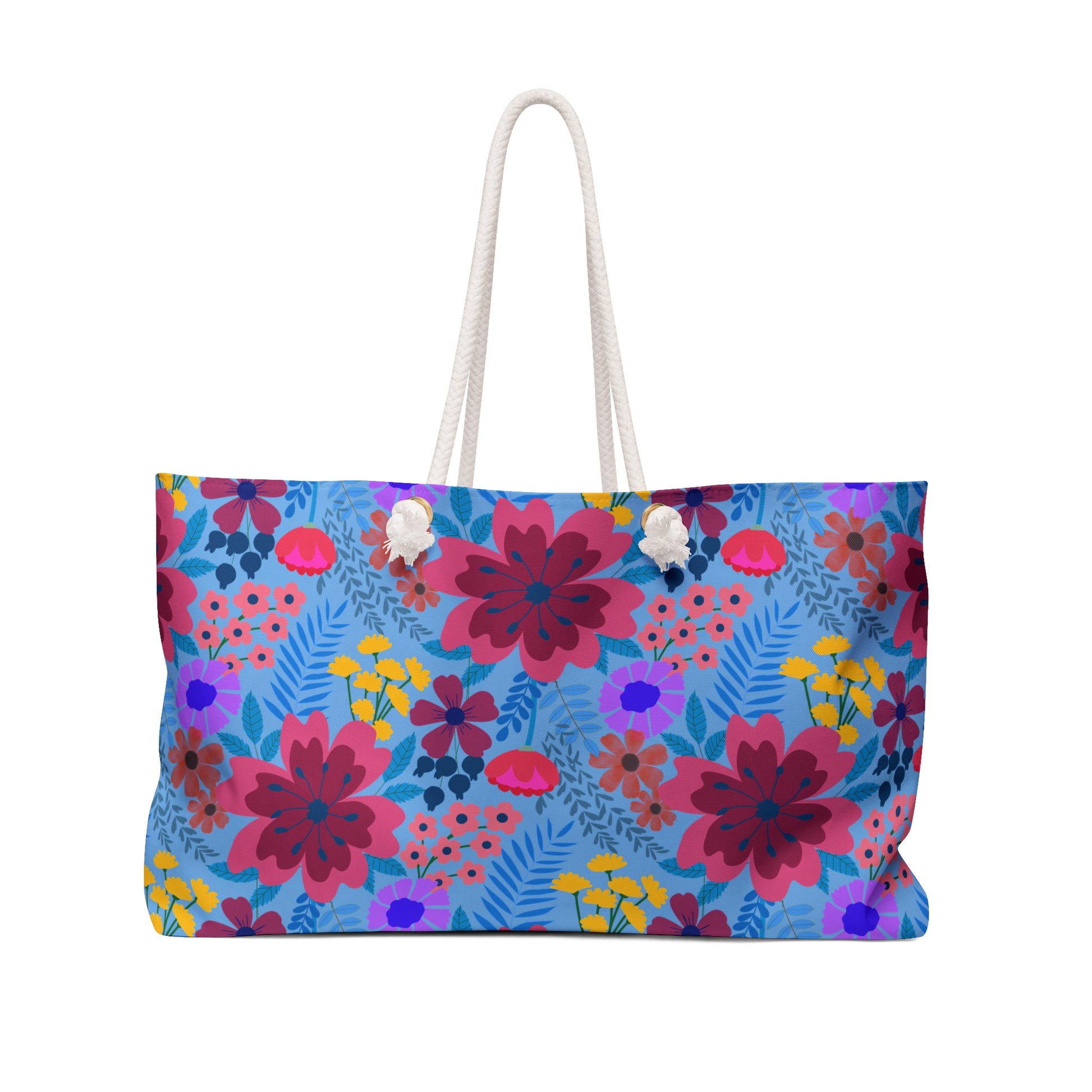 Weekender Bag with vibrant floral pattern and rope handles, perfect for stylish travel. Made of durable spun polyester, it offers ample storage and a luxurious cream interior.