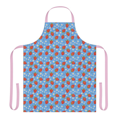 Apron, Strawberry 5-Color Straps: A blue apron adorned with vibrant red strawberries and white flowers, designed for comfort and style, perfect for cooking or crafting in joyful, uplifting fashion.