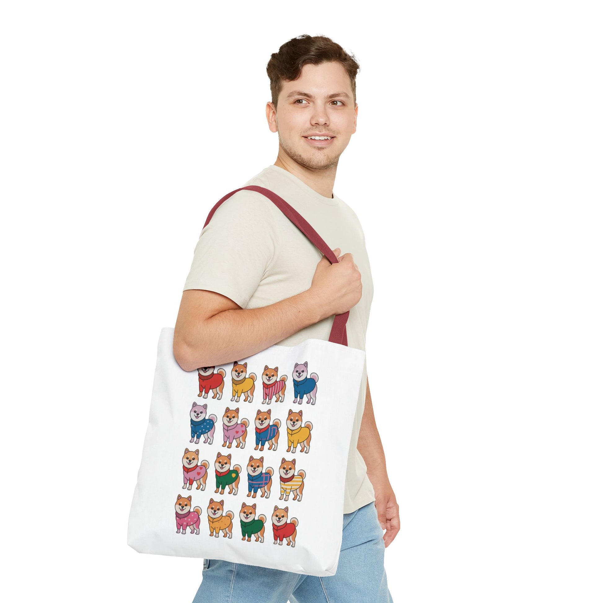 Shiba Inu Grid Tote Bag with Colorful Outfits, featuring Shiba Inus in cheerful outfits on a durable, whimsical polyester tote. Ideal for dog lovers seeking a playful accessory for everyday use.