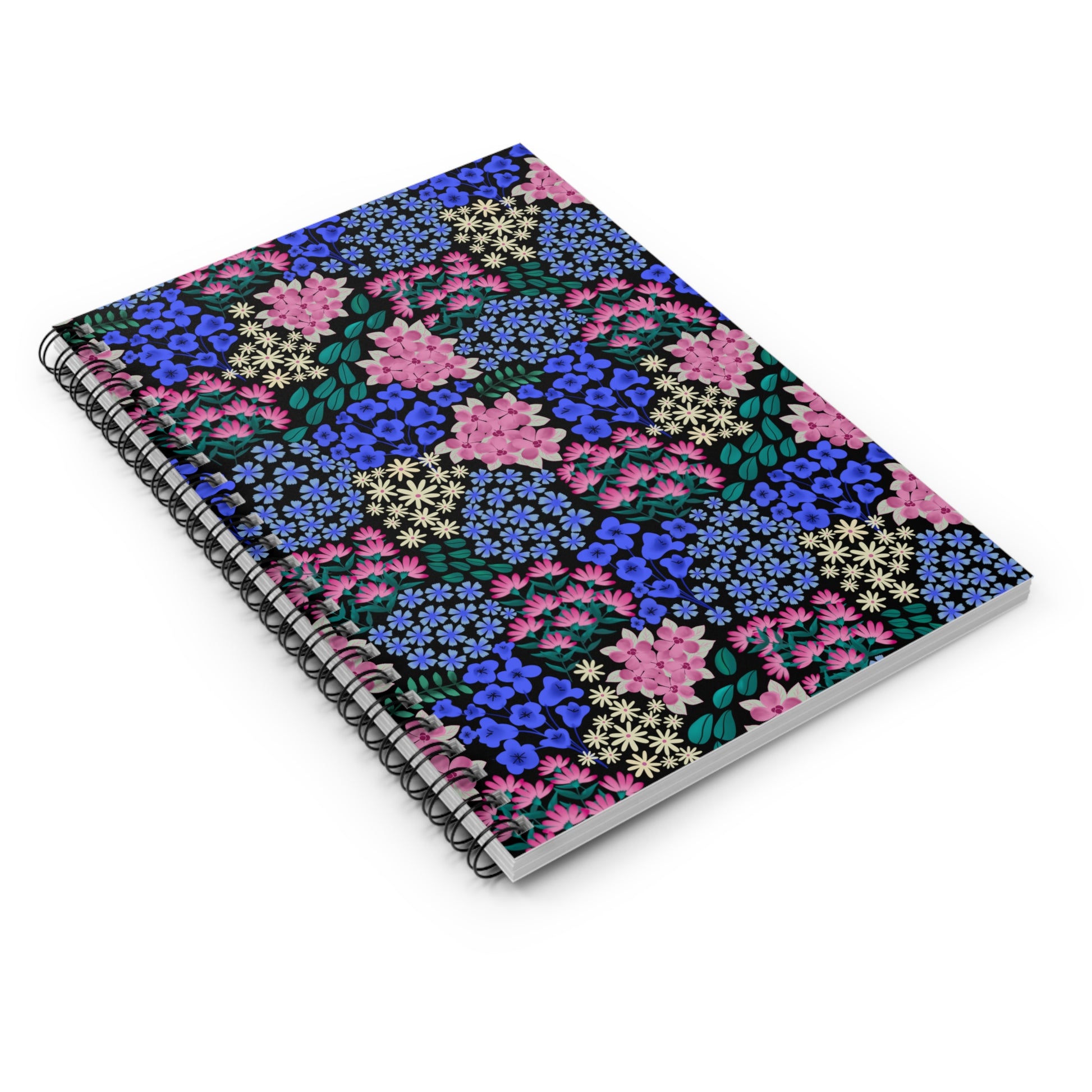 Floral Spiral Notebook with vibrant pink, cream, and cobalt-blue flowers on a black cover, showcasing a sleek metal spiral binding. Ideal for jotting notes or sketching, blending style and functionality.