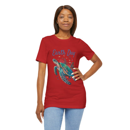 Earth Day Turtle Bella+Canvas Unisex T-Shirt featuring a turtle illustration, worn by a woman, showcasing casual style and eco-friendly design. Ideal for nature lovers.