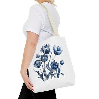 Flowers in Blue Hue Watercolor Tote Bag carried by a woman, showcasing a stylish and functional accessory perfect for everyday use and nature-inspired charm.