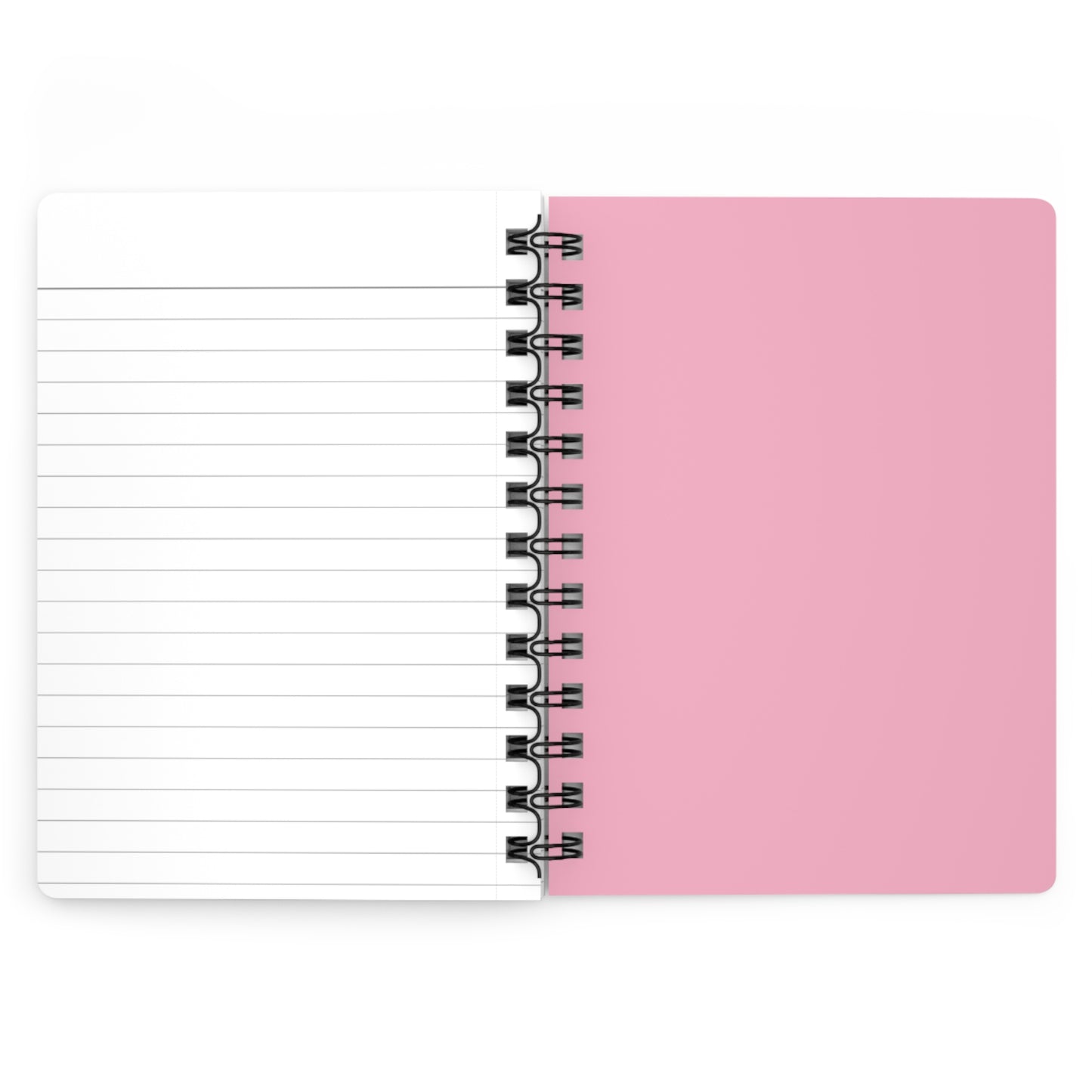 SPIRAL JOURNAL, DURABLE GLOSSY COVER, RULED, 5X7, PASTEL FIELD: Open wire-bound notebook showing a blank lined page and solid pink cover, designed for easy page removal and smooth writing experience.