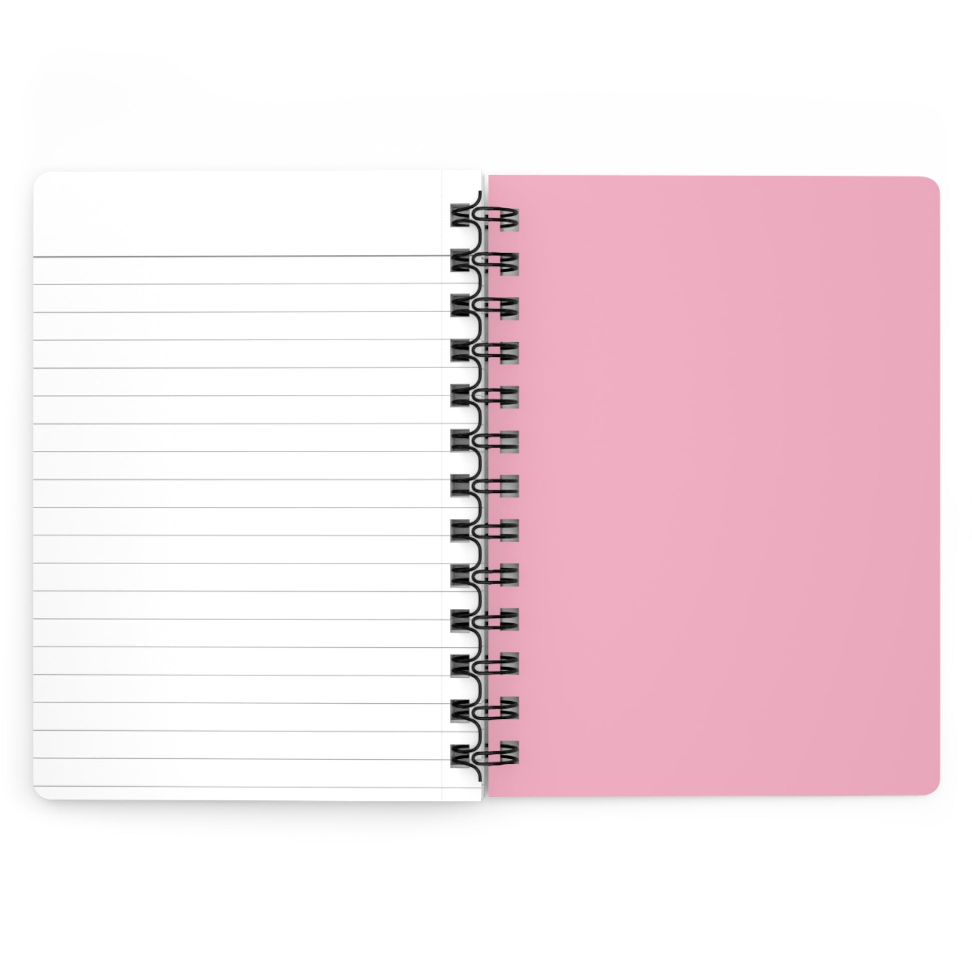 SPIRAL JOURNAL, DURABLE GLOSSY COVER, RULED, 5X7, PASTEL FIELD: Open wire-bound notebook showing a blank lined page and solid pink cover, designed for easy page removal and smooth writing experience.