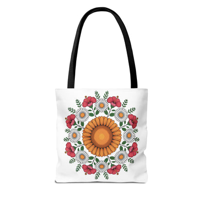 Mandala Sunflowers & Daisies Tote Bag: A white canvas tote with black straps, featuring a central orange sunflower, surrounded by white daisies, red hibiscus, and green leaves, highlighting a boho-chic, floral design.