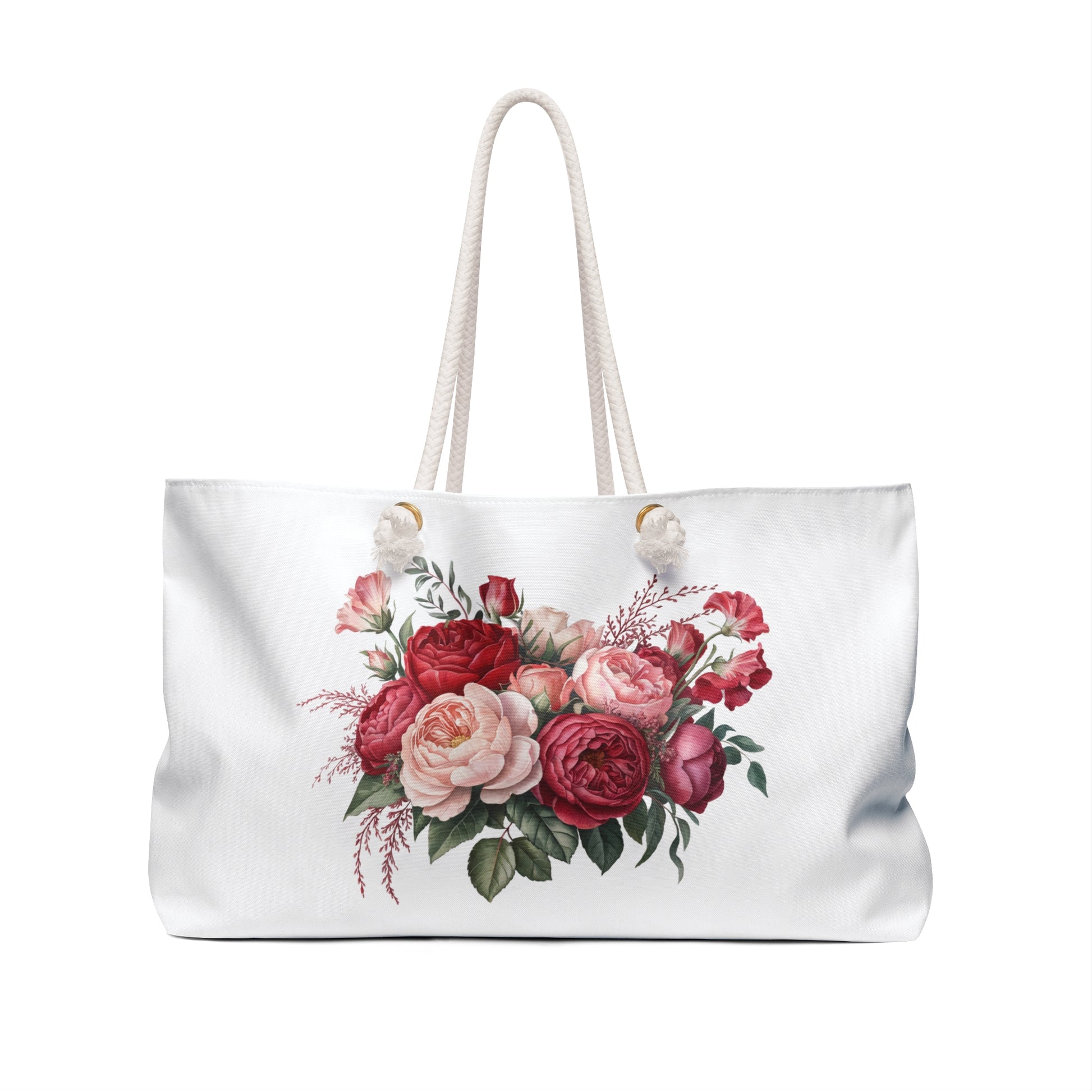 Weekender Bag - Red Bouquet Design: Close-up of a stylish handbag with a vibrant floral pattern, featuring durable rope handles and spacious interior, perfect for chic weekend getaways.