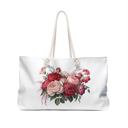 Weekender Bag - Red Bouquet Design: Close-up of a stylish handbag with a vibrant floral pattern, featuring durable rope handles and spacious interior, perfect for chic weekend getaways.