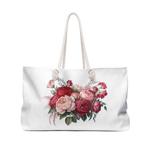Weekender Bag - Red Bouquet Design: Close-up of a stylish handbag with a vibrant floral pattern, featuring durable rope handles and spacious interior, perfect for chic weekend getaways.