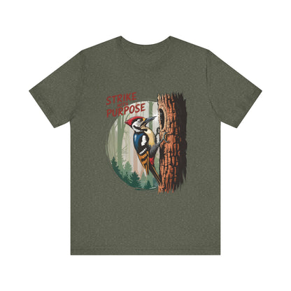 Woodpecker: Strike with a Purpose Bella+Canvas Unisex T-Shirt features a vibrant woodpecker design, embodying motivation and inspiration, ideal for nature lovers and casual wear, reflecting FireBrook Essentials' uplifting style.