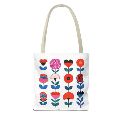 Floral Pattern Tote Bag featuring vibrant flowers, ideal for everyday use. Durable polyester with reinforced handles, available in multiple sizes for versatile functionality.
