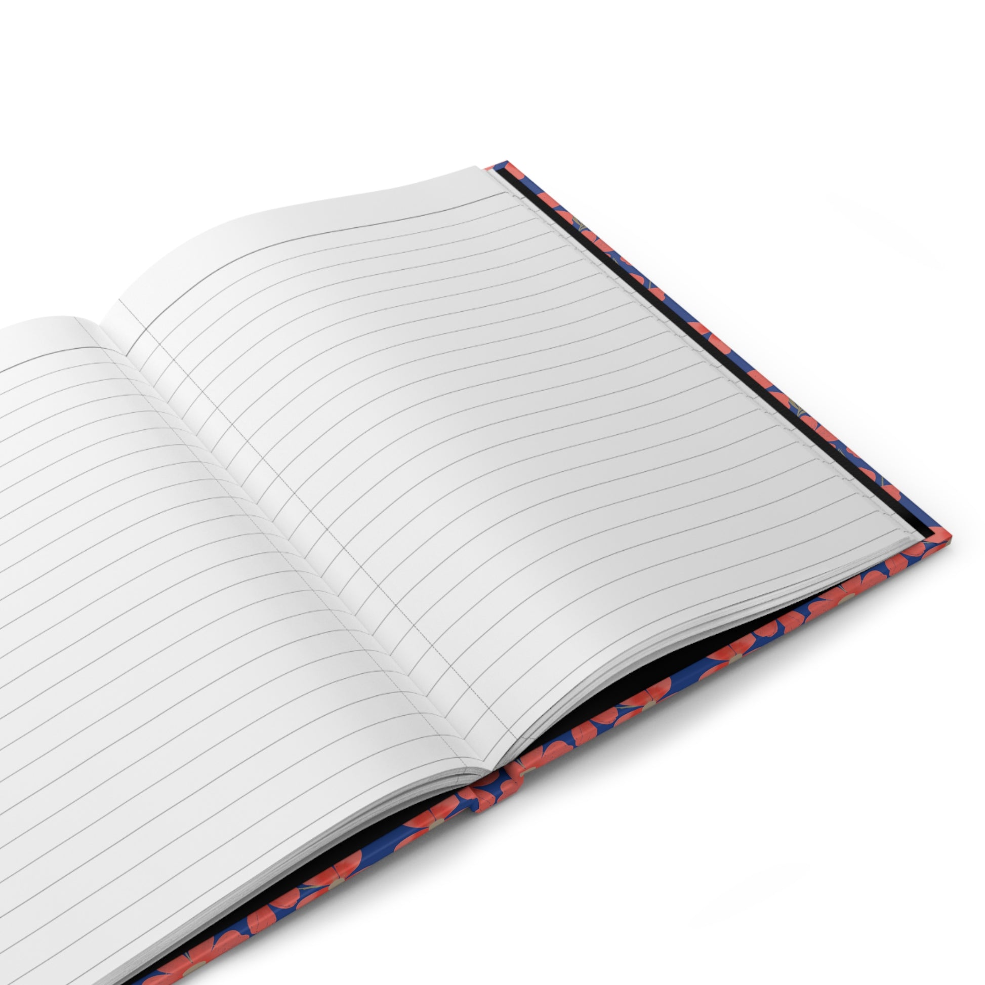HARDCOVER JOURNAL, MATTE, 5X7, features open, ruled pages with a sewn binding for flat laying. The cover, partially visible, hints at a design reflecting FireBrook Essentials’ vibrant, uplifting style.