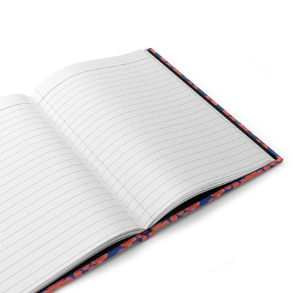 HARDCOVER JOURNAL, MATTE, 5X7, features open, ruled pages with a sewn binding for flat laying. The cover, partially visible, hints at a design reflecting FireBrook Essentials’ vibrant, uplifting style.