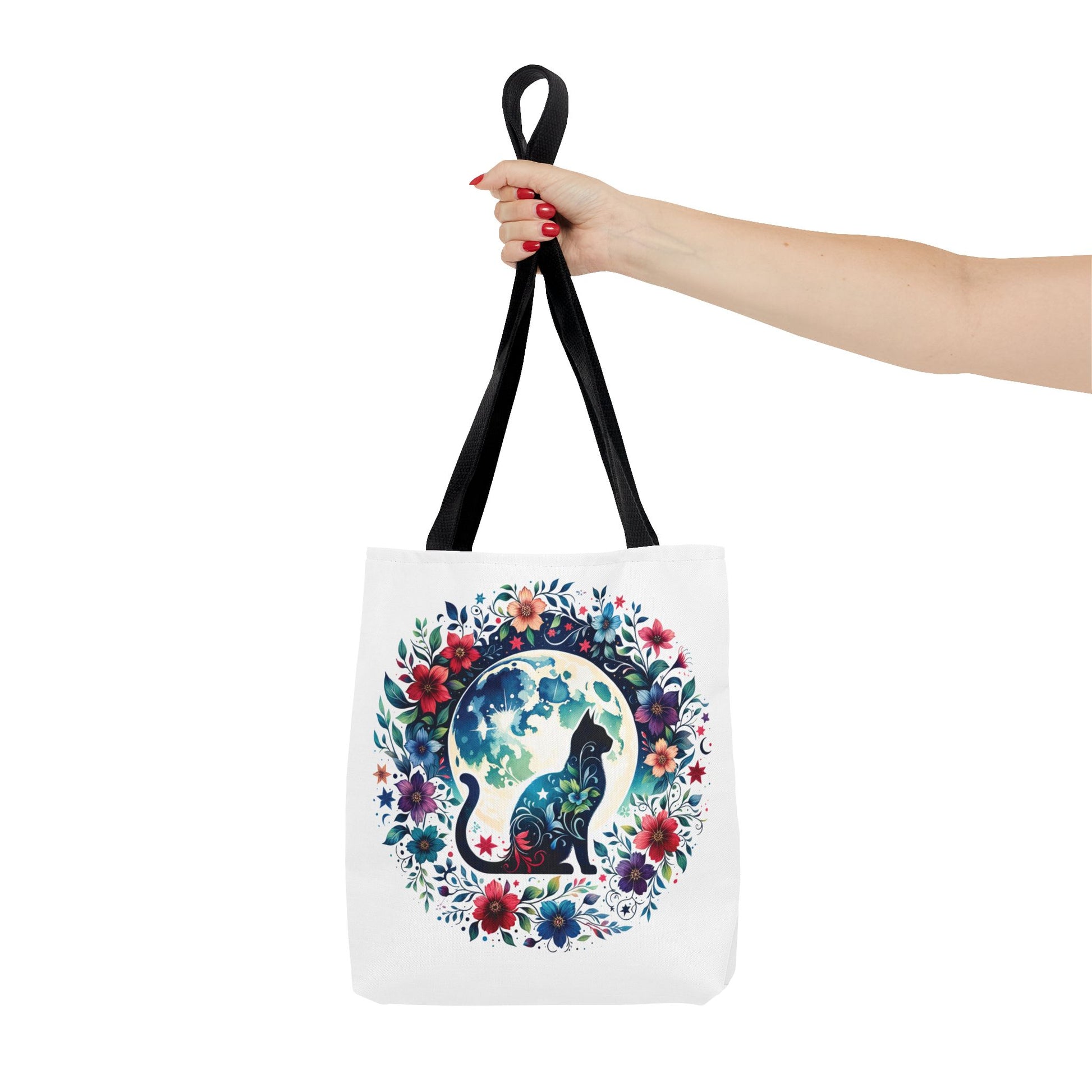 Lone Cat Under the Moon Tote Bag, featuring a whimsical cat design, perfect for errands or beach trips. Made from durable polyester with reinforced handles, available in various sizes for convenience.