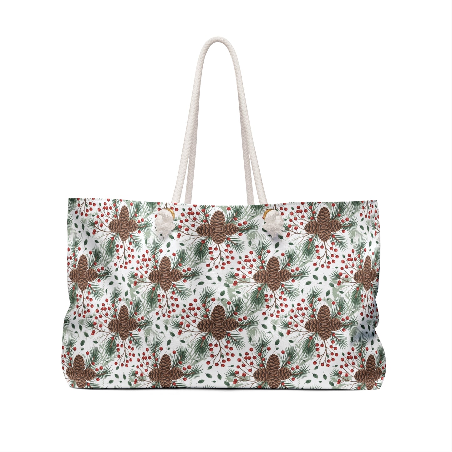 Weekender Bag - Woodland Pinecone Pattern Travel Tote featuring a stylish design with pinecones, branches, and berries. Ideal for nature lovers, this spacious bag embodies a cozy, rustic vibe perfect for weekend adventures.