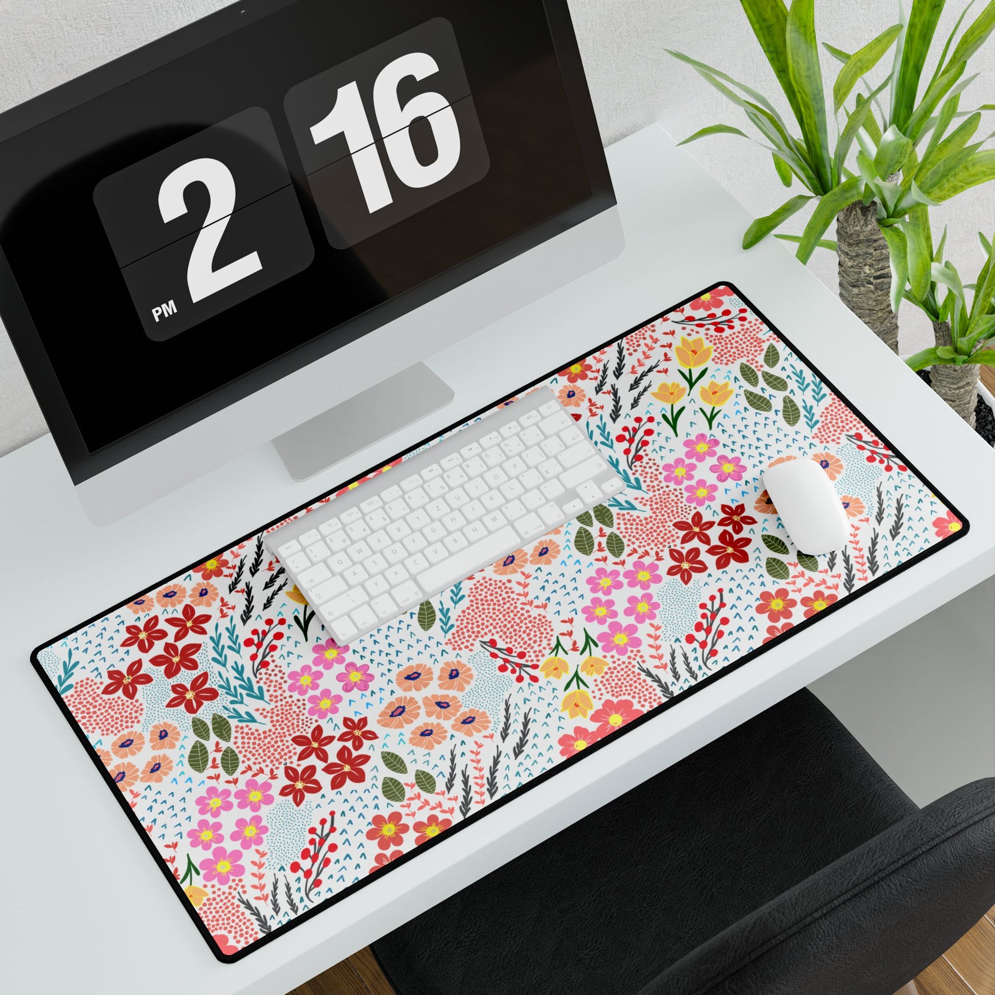 Desk Mats - Garden Floral Pattern enhances a modern workspace, featuring a vibrant floral design under a wireless keyboard and mouse, adding elegance and color. Ideal for uplifting any desk environment.