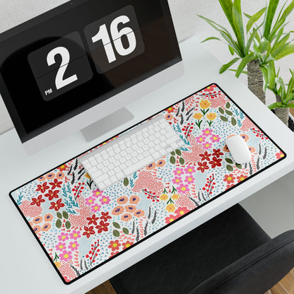 Desk Mats - Garden Floral Pattern enhances a modern workspace, featuring a vibrant floral design under a wireless keyboard and mouse, adding elegance and color. Ideal for uplifting any desk environment.