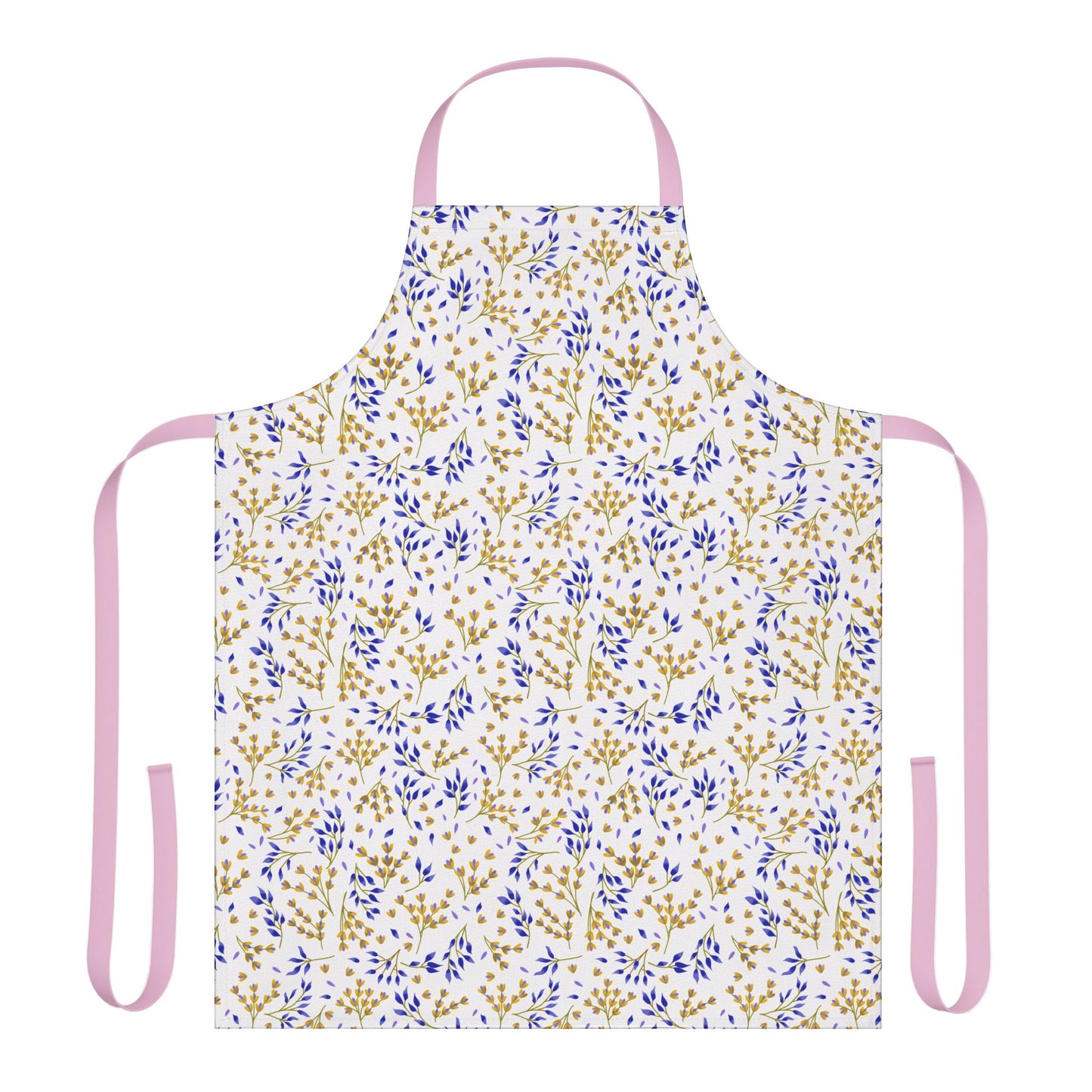 Floral Apron from FireBrook Designs: A stylish, stain-free kitchen apron featuring yellow and blue foliage on white fabric, with pale pink ties, offering comfort and vibrant design for joyful cooking experiences.