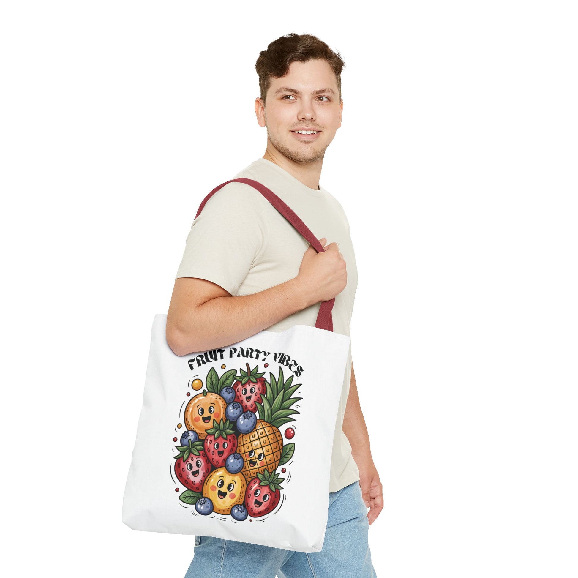 Fruit Party Tote Bag - Fun Summer Vibes: A vibrant tote bag with a festive fruit pattern, perfect for summer outings. Features durable polyester, reinforced handles, and customizable color options, aligning with FireBrook Essentials' joyful style.