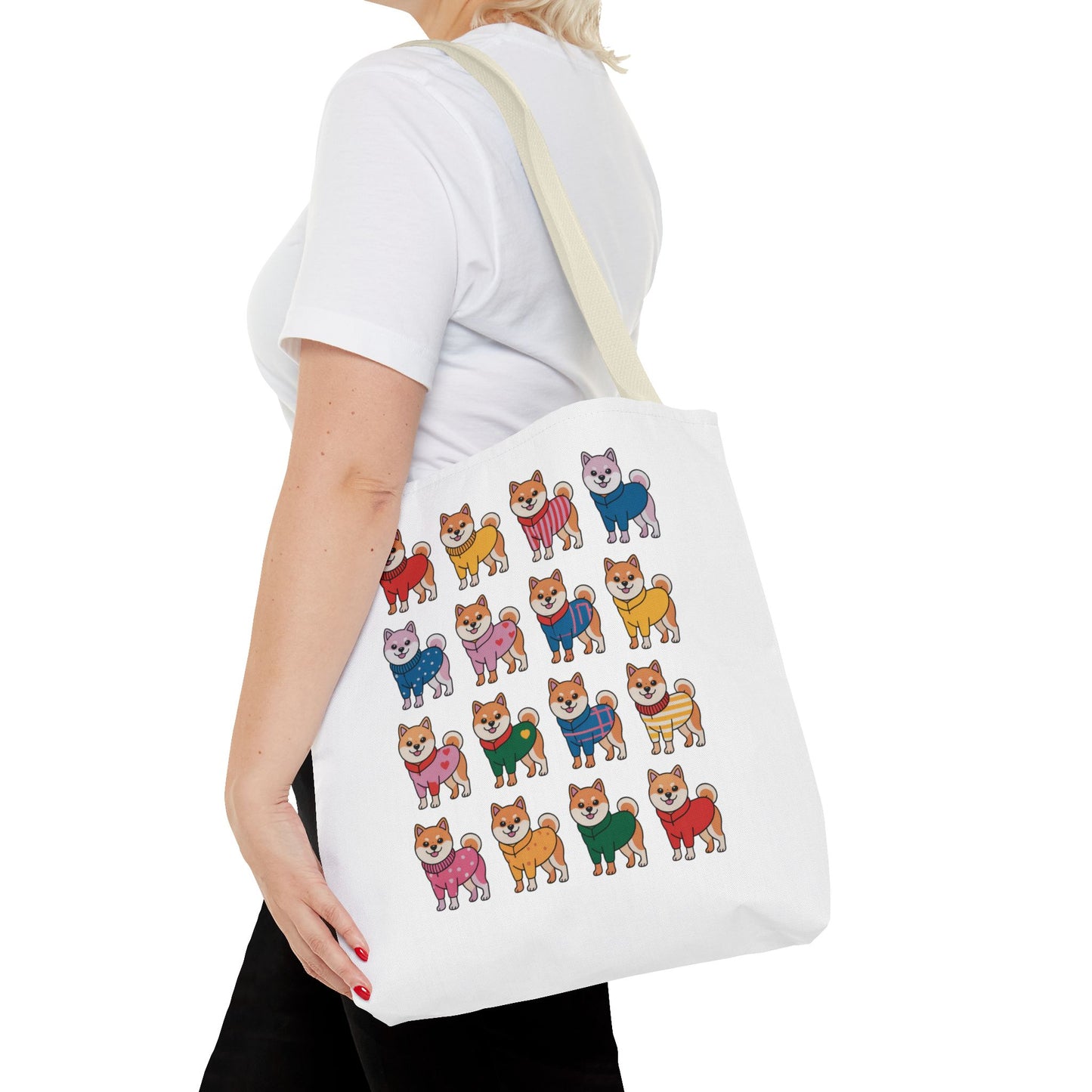 Shiba Inu Grid Tote Bag with Colorful Outfits, showcasing playful Shiba Inus in vibrant attire, ideal for dog enthusiasts and lovers of whimsical, cheerful accessories. Perfect for errands or shopping.