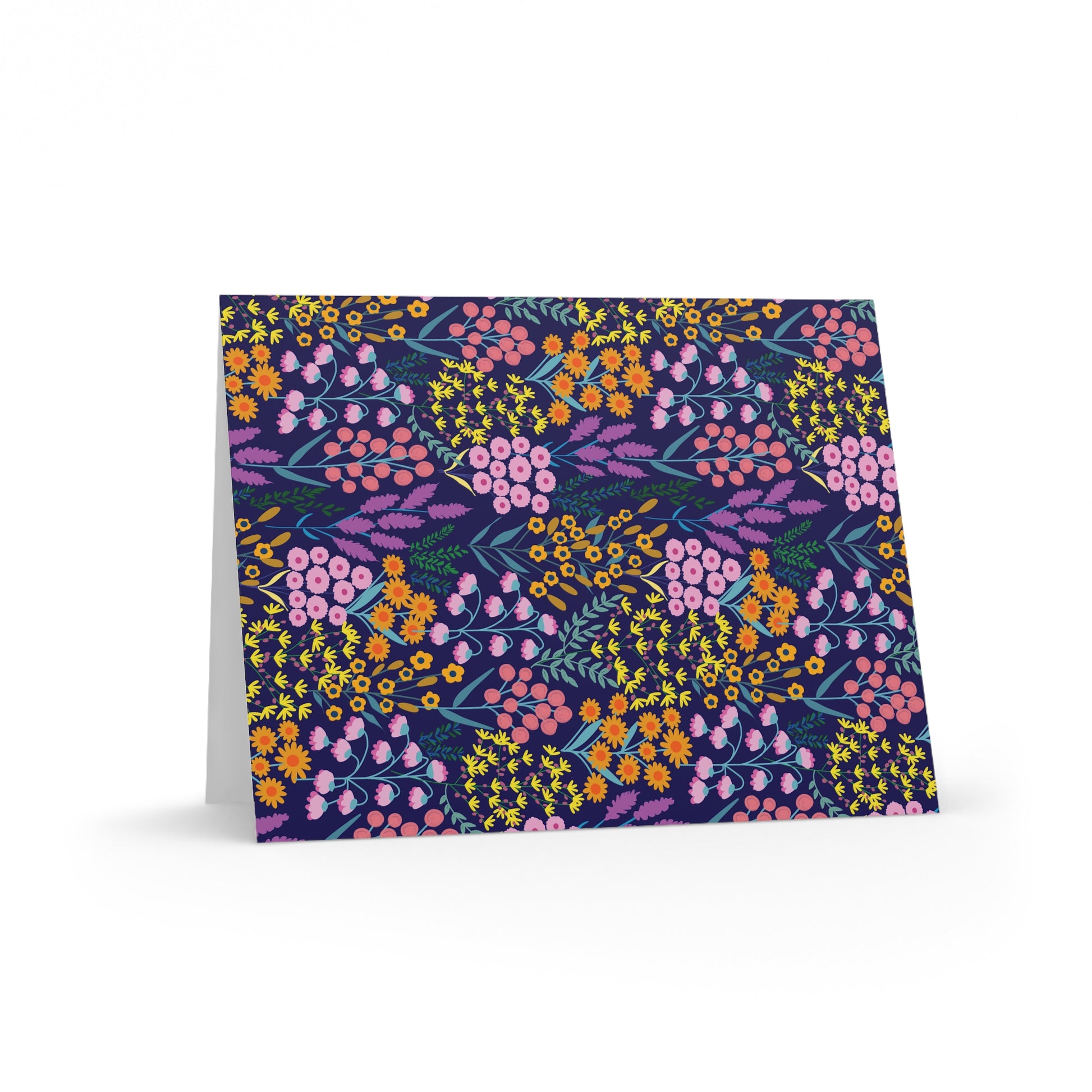 Floral Wildflower Greeting Cards — Pack of 8/16/24 feature vibrant, stylized floral patterns on a matte-finish, folded card, ideal for personal messages. Includes matching envelopes, enhancing joyful, uplifting communication from FireBrook Designs.