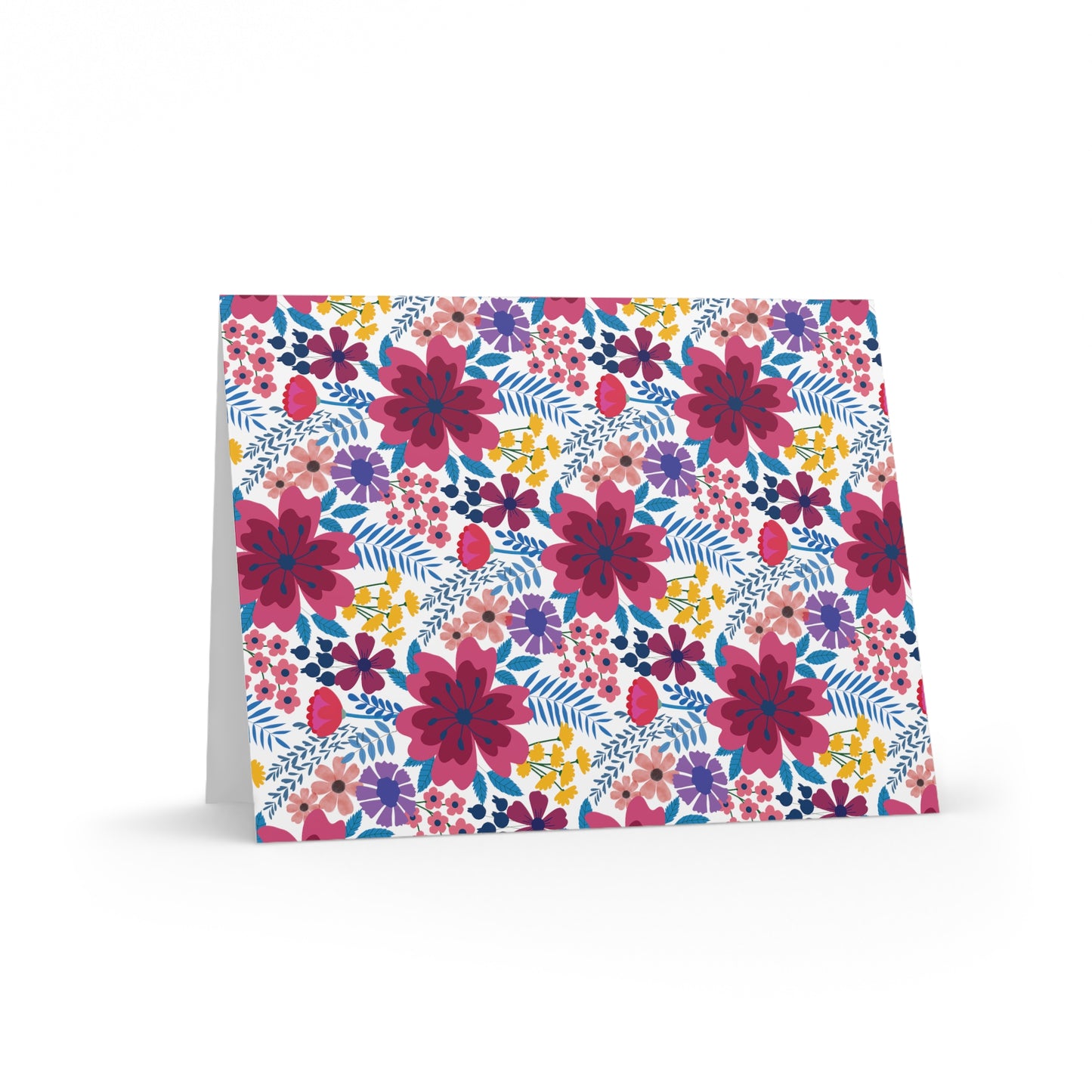 Floral Wildflower Greeting Cards — Pack of 8/16/24 feature vibrant hand-drawn blooms on a matte-finish card, embodying fresh spring energy, perfect for heartfelt messages. Includes matching white envelope.