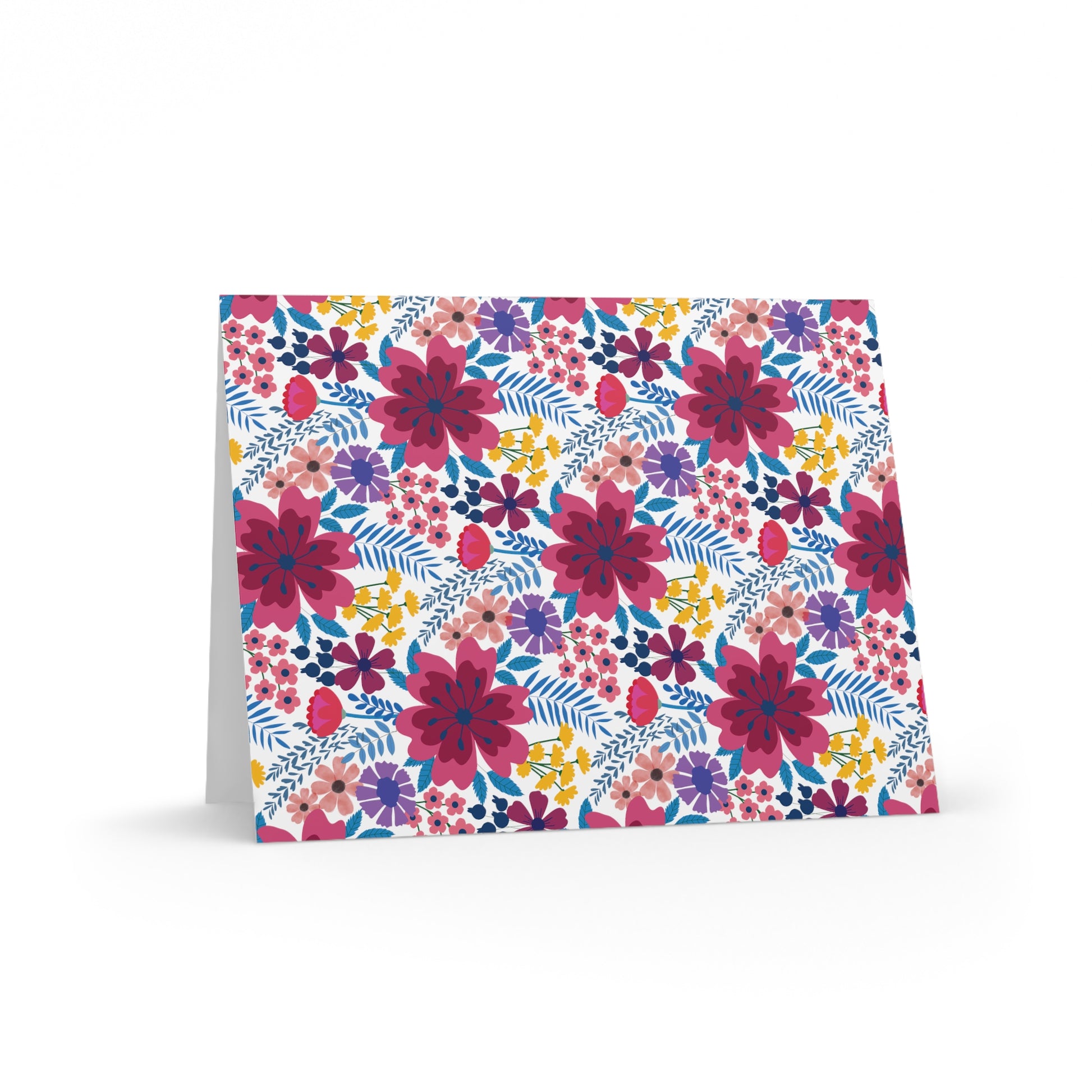 Floral Wildflower Greeting Cards — Pack of 8/16/24 feature vibrant hand-drawn blooms on a matte-finish card, embodying fresh spring energy, perfect for heartfelt messages. Includes matching white envelope.