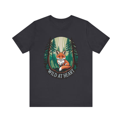 Wild at Heart Fox Illustration Bella+Canvas Unisex T-Shirt featuring a cartoon fox amidst trees. Perfect for nature lovers seeking a comfortable, stylish, and uplifting apparel choice.
