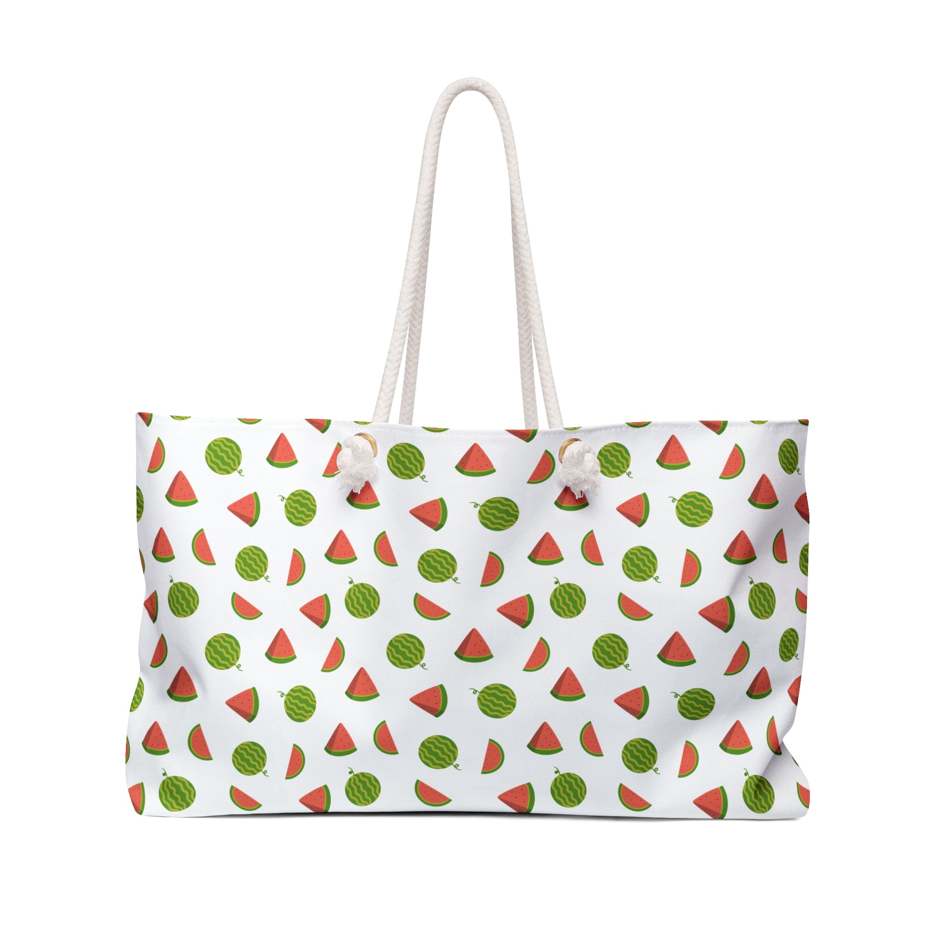 Weekender Bag - Watermelon Pattern Travel Tote for Summer Getaways: A white shoulder bag adorned with vibrant watermelon prints, featuring durable rope handles and a luxurious cream interior, ideal for stylish, joyful travels.