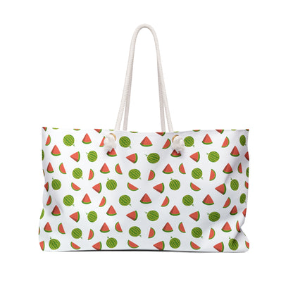 Weekender Bag - Watermelon Pattern Travel Tote for Summer Getaways: A white shoulder bag adorned with vibrant watermelon prints, featuring durable rope handles and a luxurious cream interior, ideal for stylish, joyful travels.