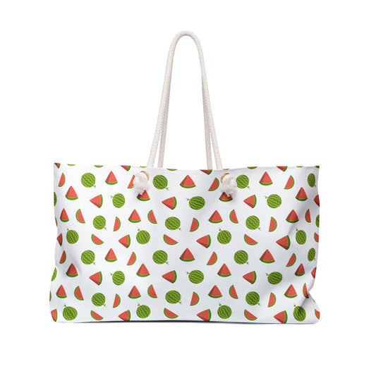 Weekender Bag - Watermelon Pattern Travel Tote for Summer Getaways: A white shoulder bag adorned with vibrant watermelon prints, featuring durable rope handles and a luxurious cream interior, ideal for stylish, joyful travels.