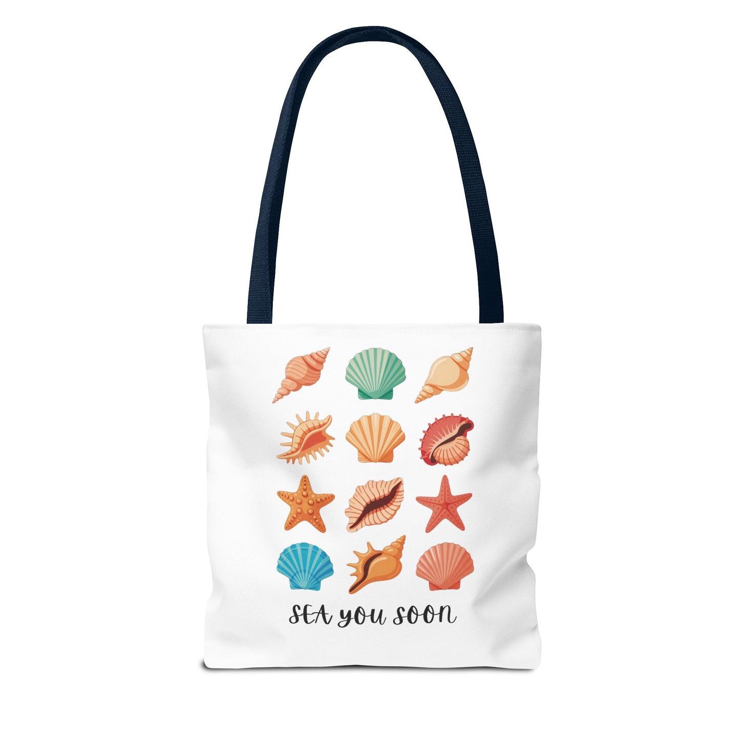 Sea You Soon Sea Shells Tote Bag featuring seashell design, ideal for beach trips and coastal living, with reinforced handles and boxed corners for durability.
