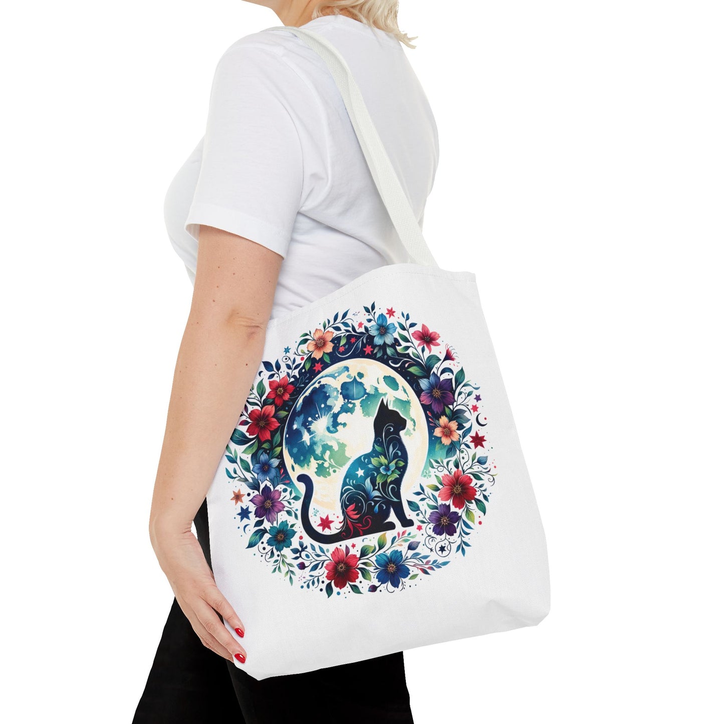 Lone Cat Under the Moon Tote Bag features a whimsical feline design, ideal for cat enthusiasts. Durable polyester with reinforced handles, perfect for errands or beach outings, reflecting FireBrook Essentials' joyful style.