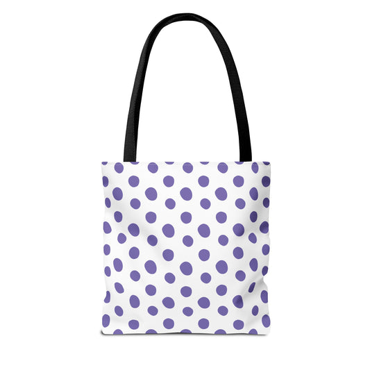 Polka Dots Tote Bag - Light Purple Design: A chic and durable tote with light purple polka dots, featuring reinforced black straps and boxed corners, ideal for stylish, practical daily use.