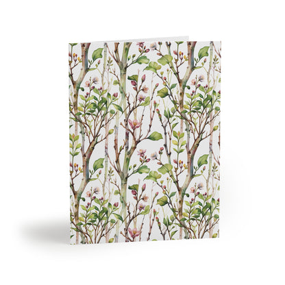 Greeting Cards — Pack of 8/16/24 featuring a vibrant, watercolor-style botanical pattern with green leaves and pink blossoms, embodying a cheerful, uplifting springtime motif, perfect for thoughtful, personalized messages.