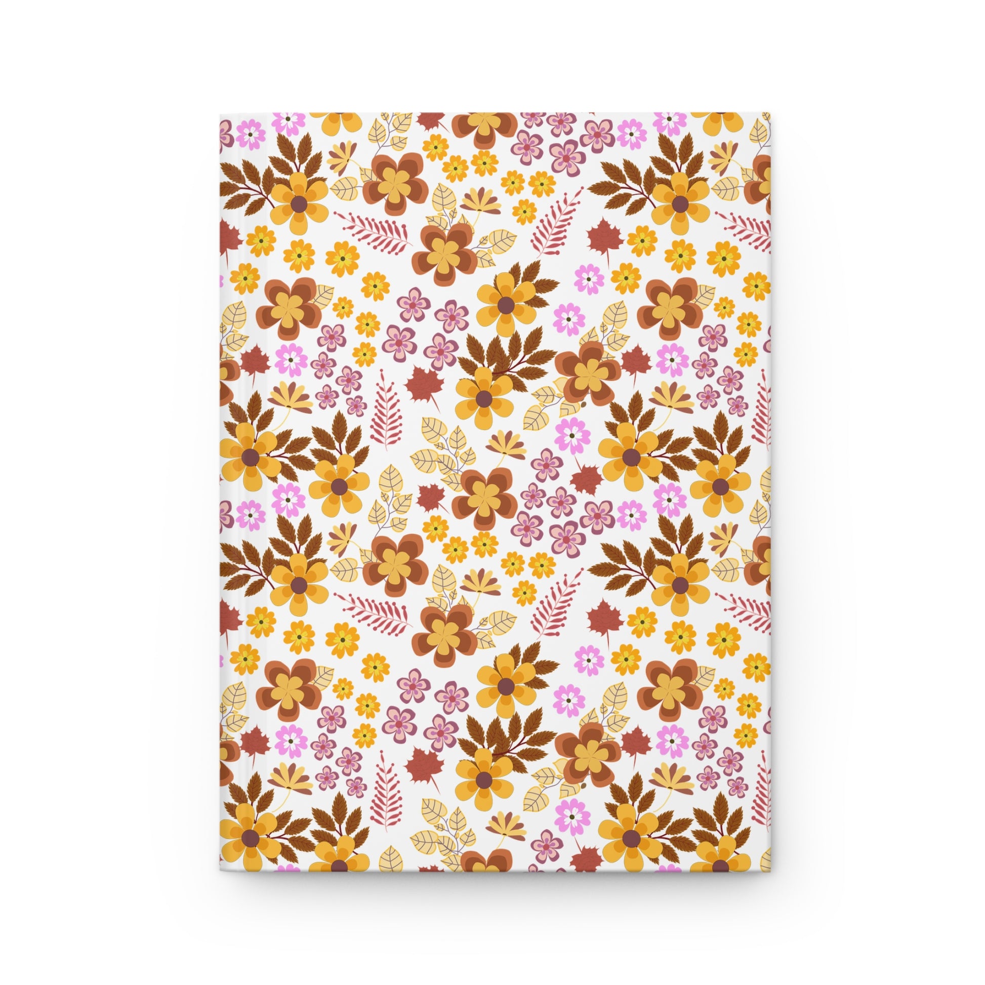 HARDCOVER JOURNAL, MATTE, RULED, 5X7, SEWN BIND, CLEAN-TEAR PAGES – RETRO BLOOM features a seamless floral pattern on a matte laminated cover, showcasing autumnal blooms for a stylish, uplifting writing experience.