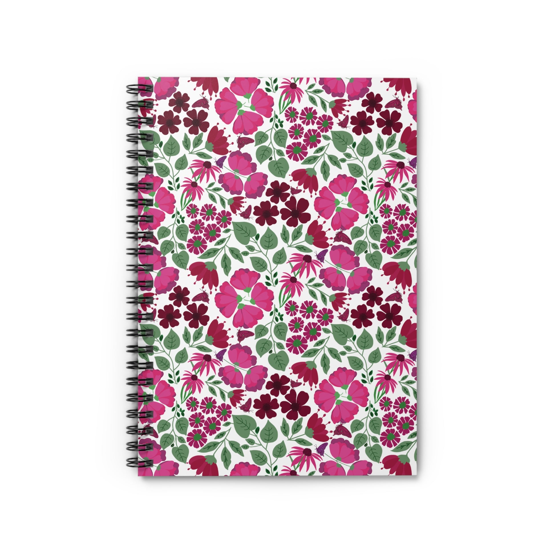 Floral Spiral Notebook featuring a vibrant pattern of pink and magenta blossoms with green leaves and butterflies on a white cover, ideal for inspiring creativity and organization in daily tasks.