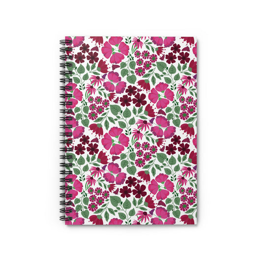 Floral Spiral Notebook featuring a vibrant pattern of pink and magenta blossoms with green leaves and butterflies on a white cover, ideal for inspiring creativity and organization in daily tasks.