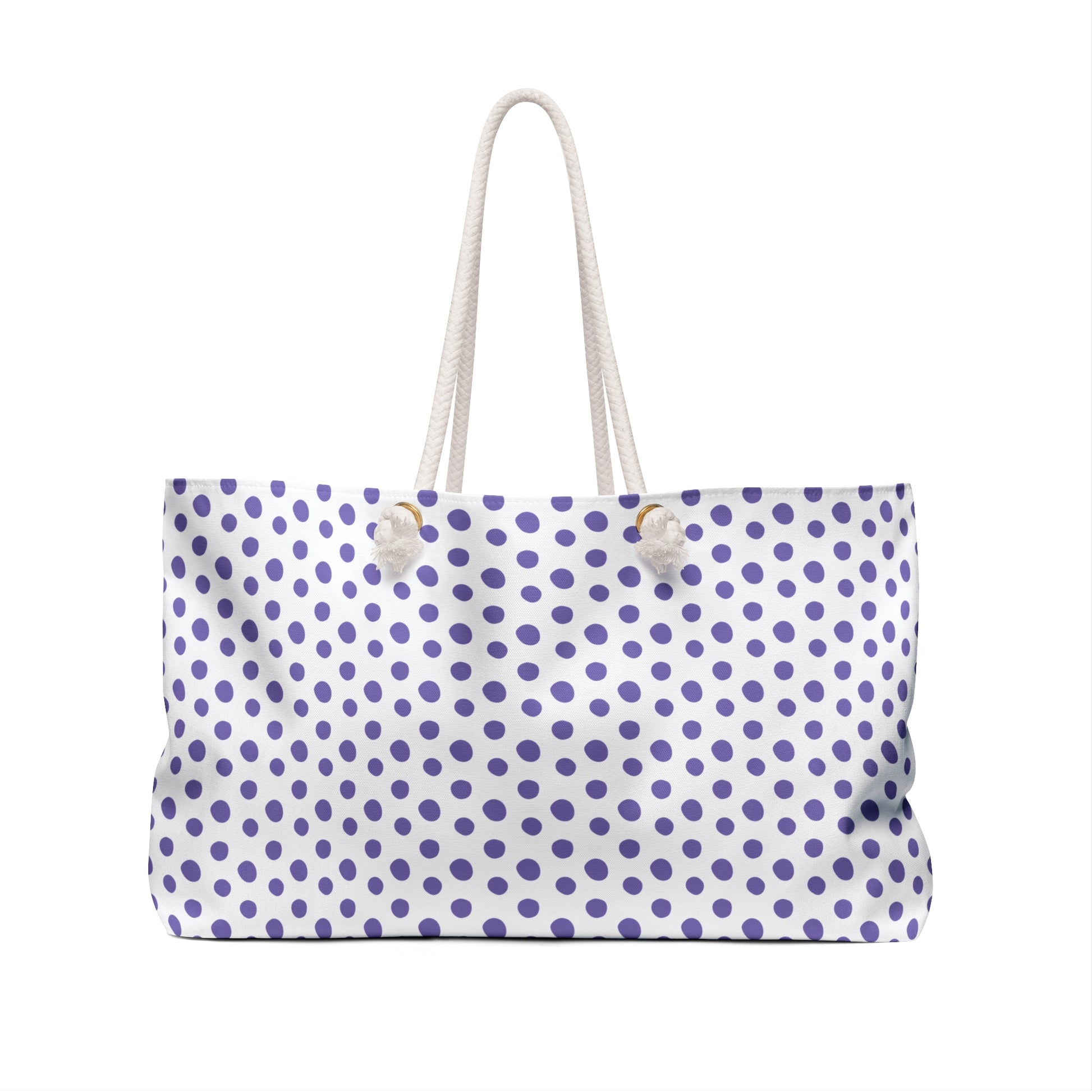 Weekender Bag - Light Purple Polka Dots Travel Tote with gold handle, featuring a playful, spacious design and rope handles, perfect for stylish weekend getaways and short trips.