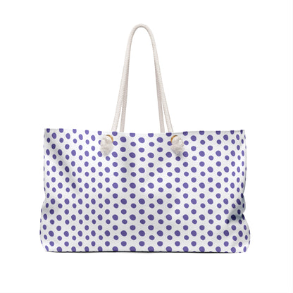 Weekender Bag - Light Purple Polka Dots Travel Tote with gold handle, featuring a playful, spacious design and rope handles, perfect for stylish weekend getaways and short trips.