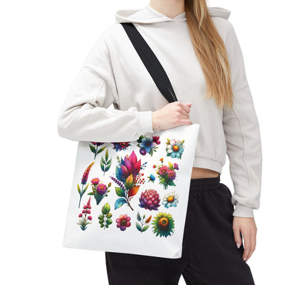 Floral Tote Bag: Woman holding tote with vibrant flower design, showcasing durability and style, ideal for daily use and nature enthusiasts.