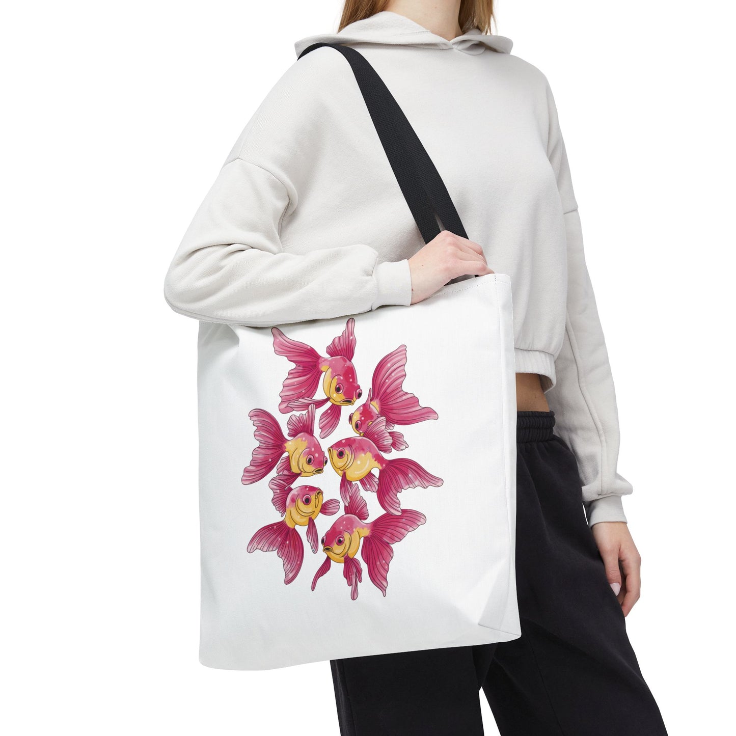 Fish Tote Bag - School of Fish Design: A durable, ocean-themed tote with a tranquil fish design, perfect for marine enthusiasts. Ideal for carrying essentials with reinforced handles and boxed corners for extra space.