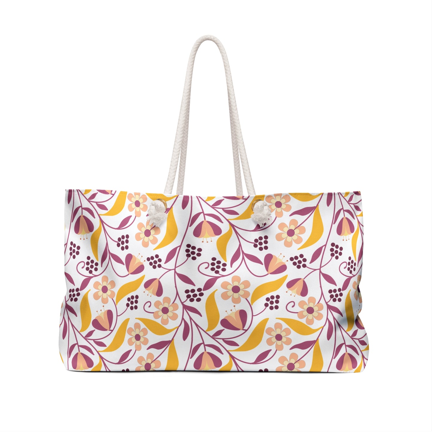 Weekender Bag with thick white rope handles, featuring a stylized floral-and-vine pattern in warm tones on a white background, designed for stylish travel and spacious storage.